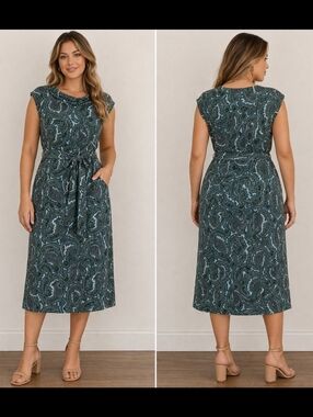 NWT Talbots Paisley Belted Midi Dress Blue Green 16P
